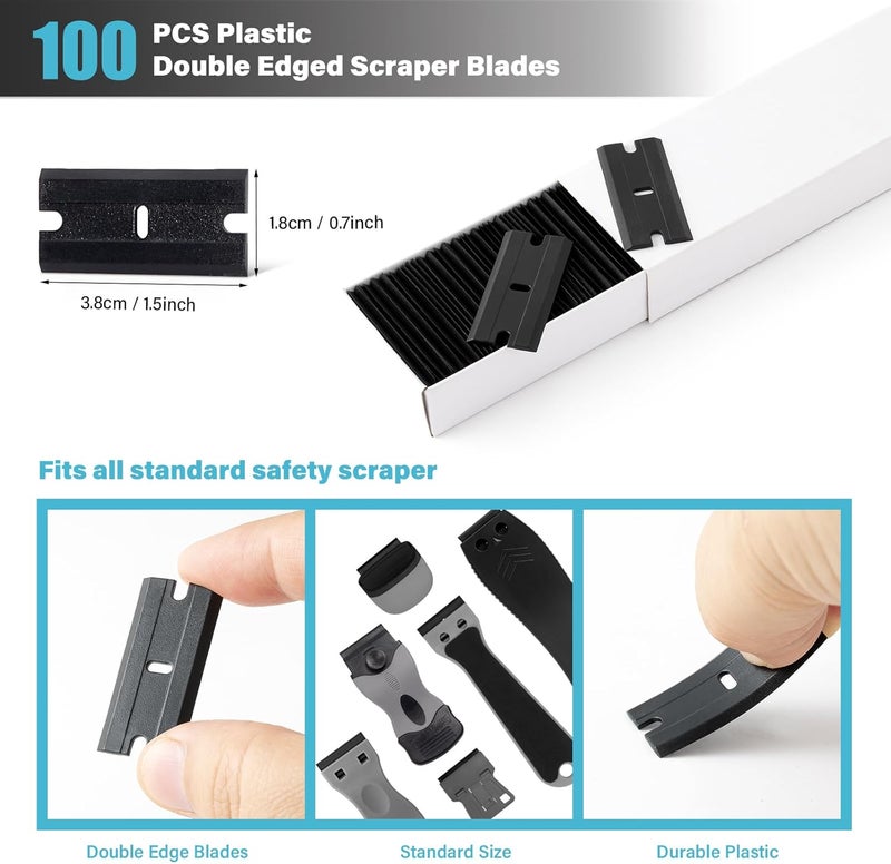 Gomake Plastic Razor Blade Scraper Tool with Blade Container 2PCS Razor Scraper with Extra 100PCS Plastic Blades for Adhesive Labels and Decals Sticker Removal on Car Window Glass Floor (W80) - Image 5